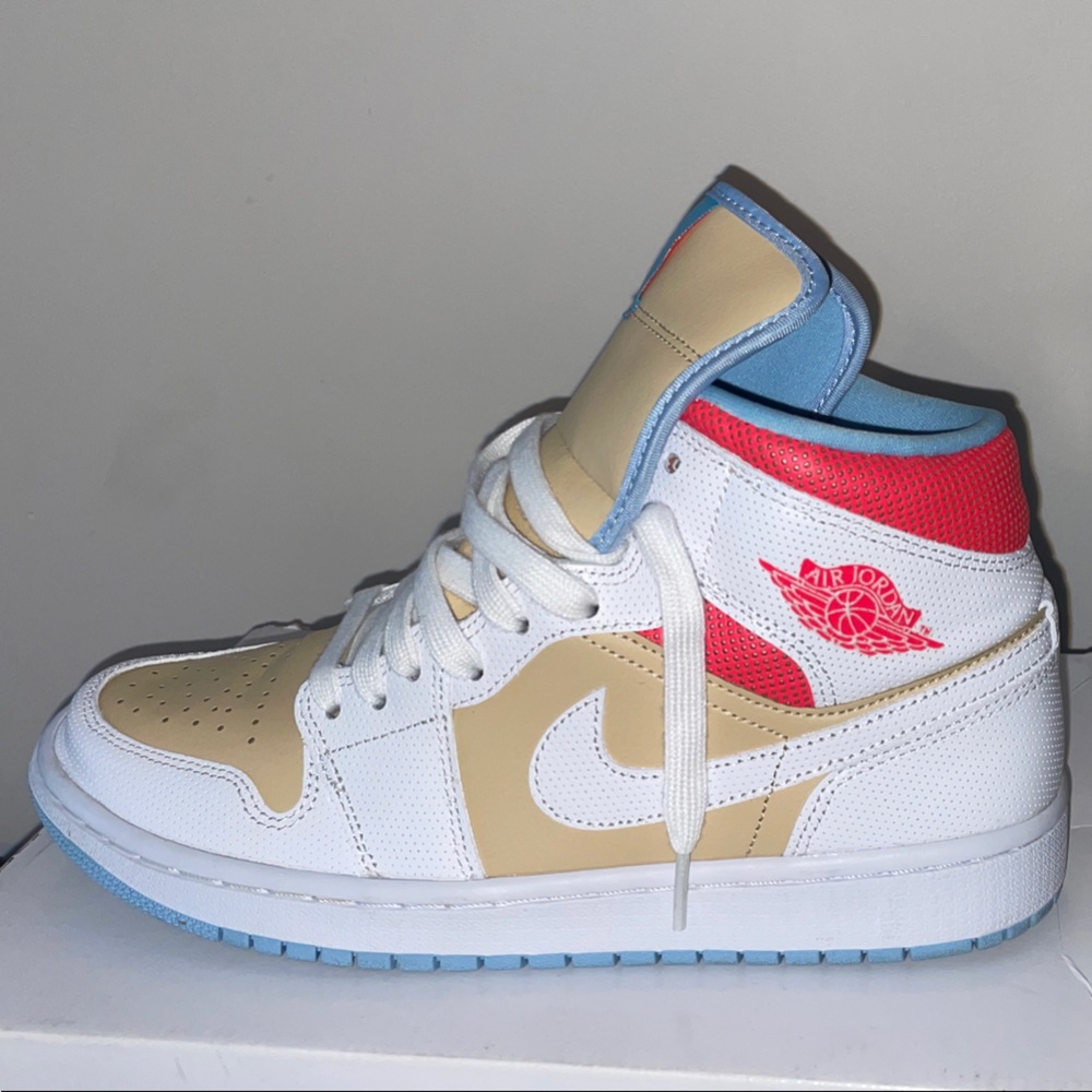 Jordan Air Mid SE in White and Beige with Red Highlights